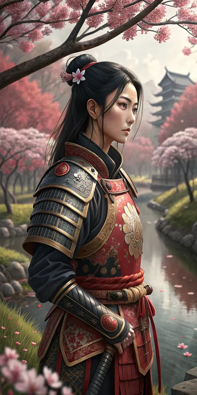 Samurai Maiden in the Cherry Blossom Garden