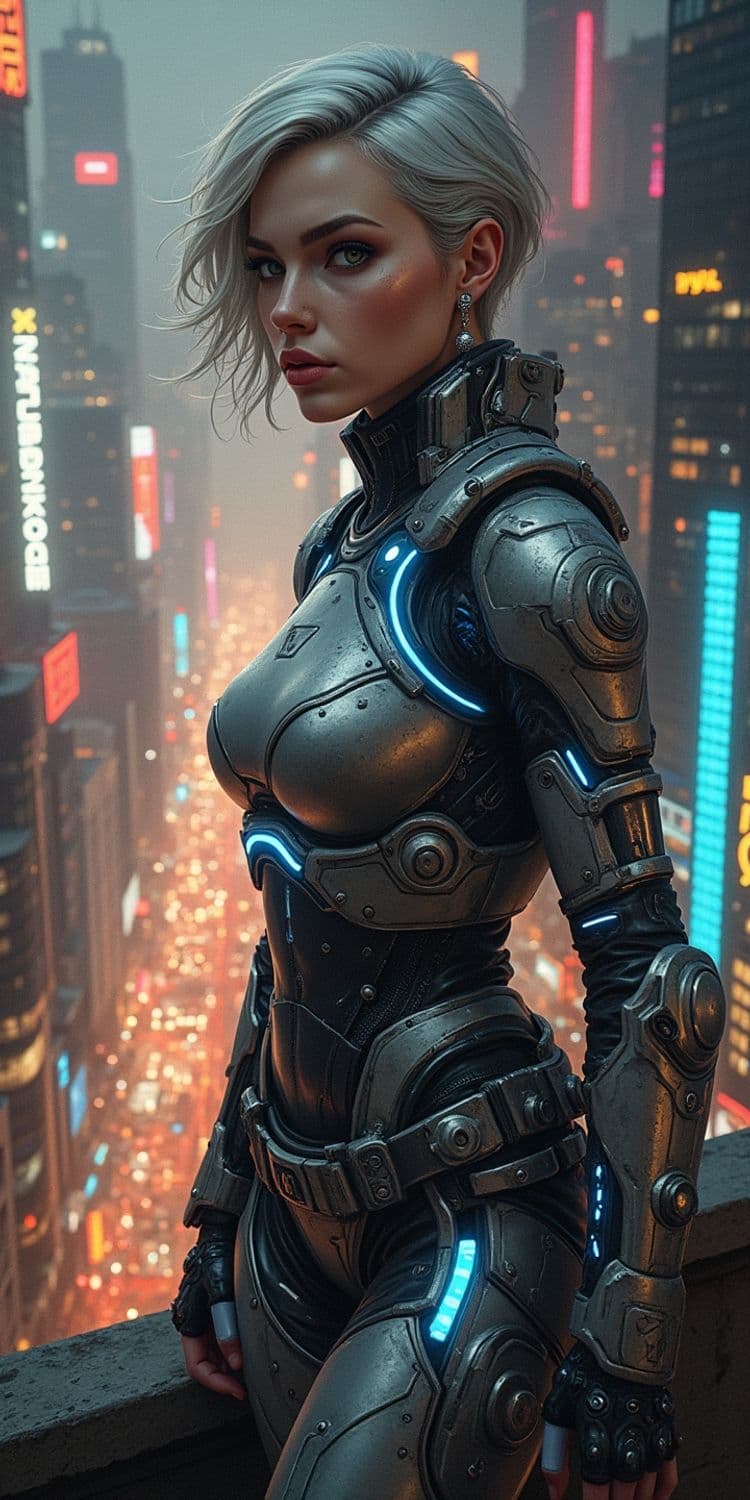 Futuristic Warrior in Neon Cityscape